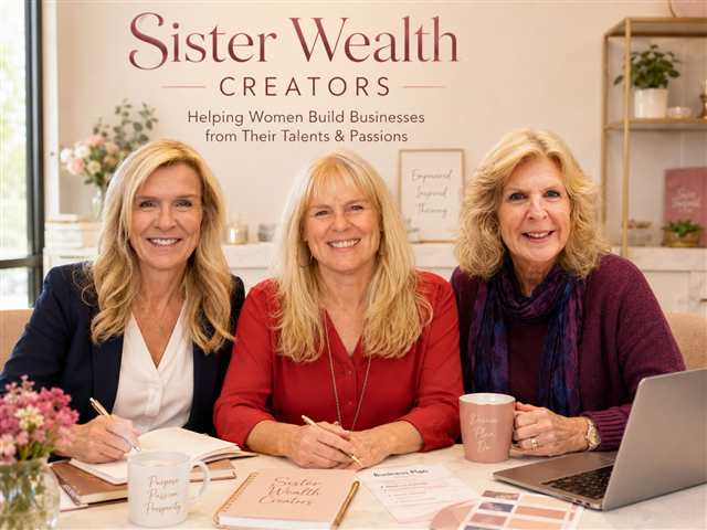 Patricia, Joanne and Sue, the founders of Sister Wealth Creators, sitting together at a table with journals and coffee
