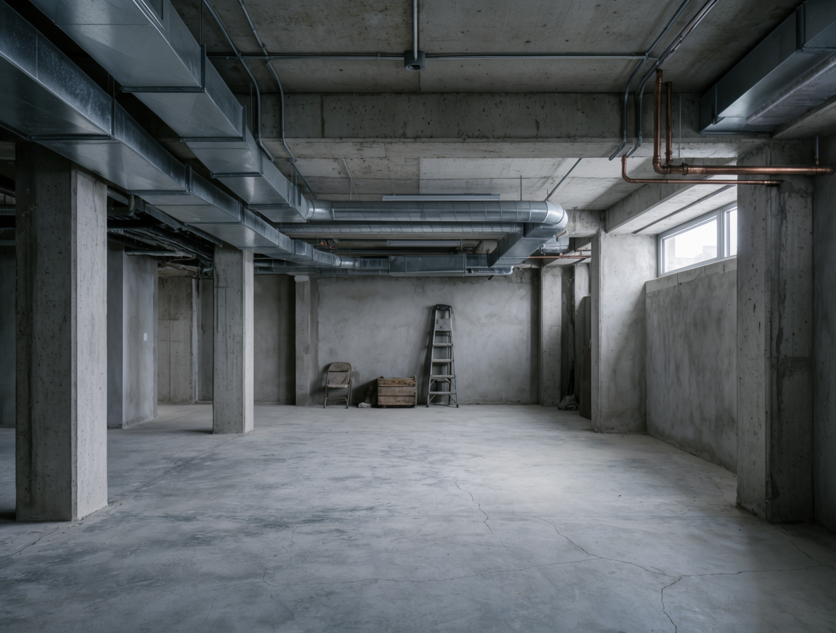 Unfinished concrete basement before conversion