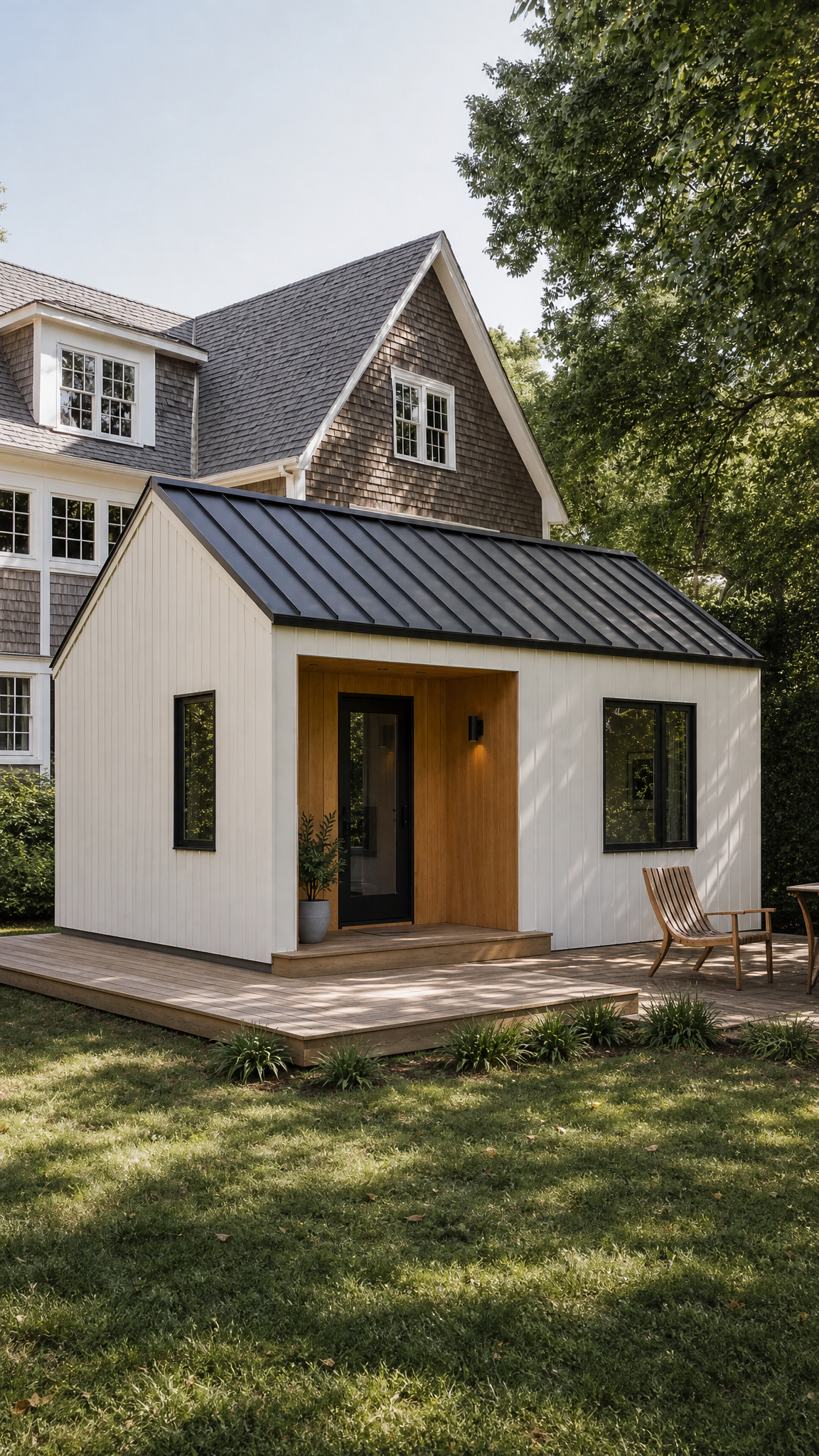 Architectural visualization of Lumara One in a New England backyard