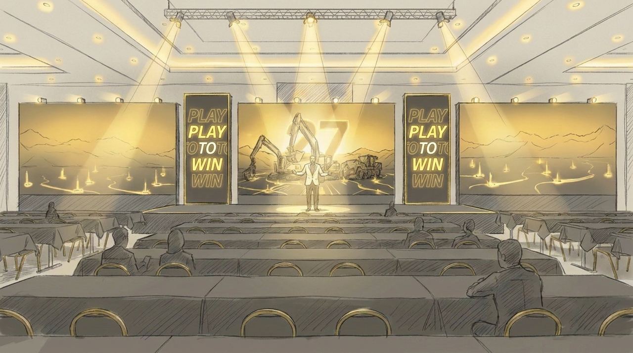 Frame do vídeo de abertura: palco com cinco LEDs e PLAY TO WIN nos verticais