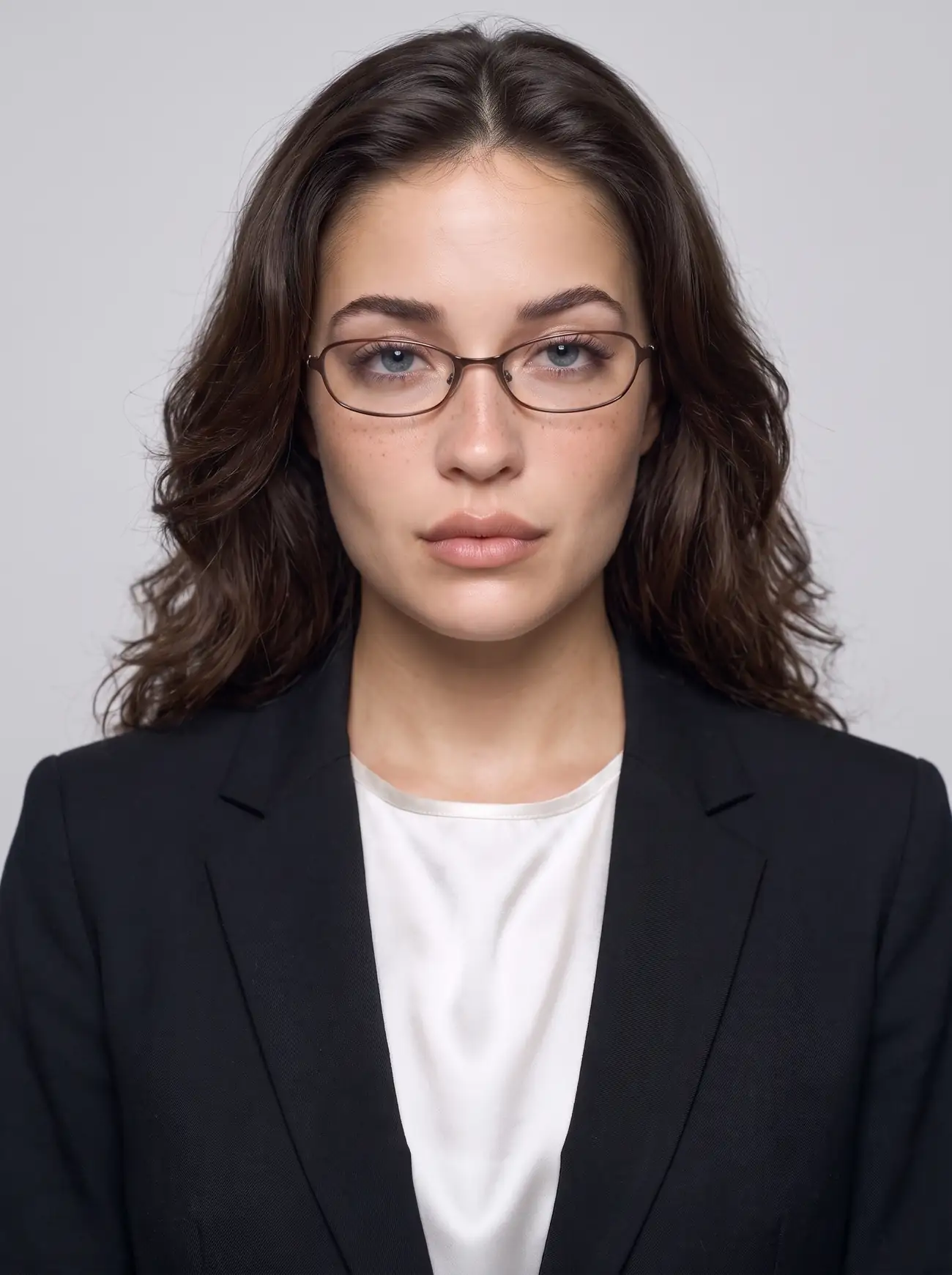 Abby en lunettes ovales et veston noir