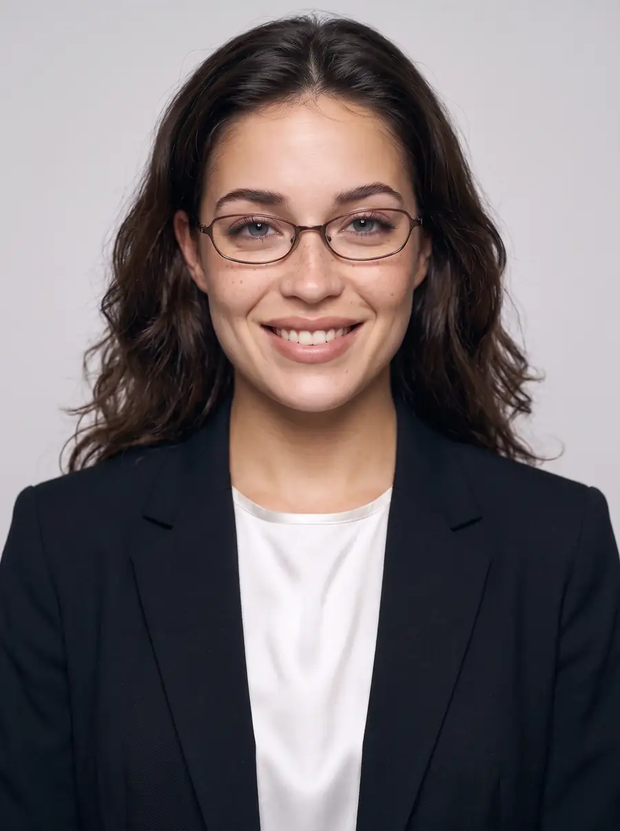 Abby souriante, lunettes ovales et veston noir sur fond gris