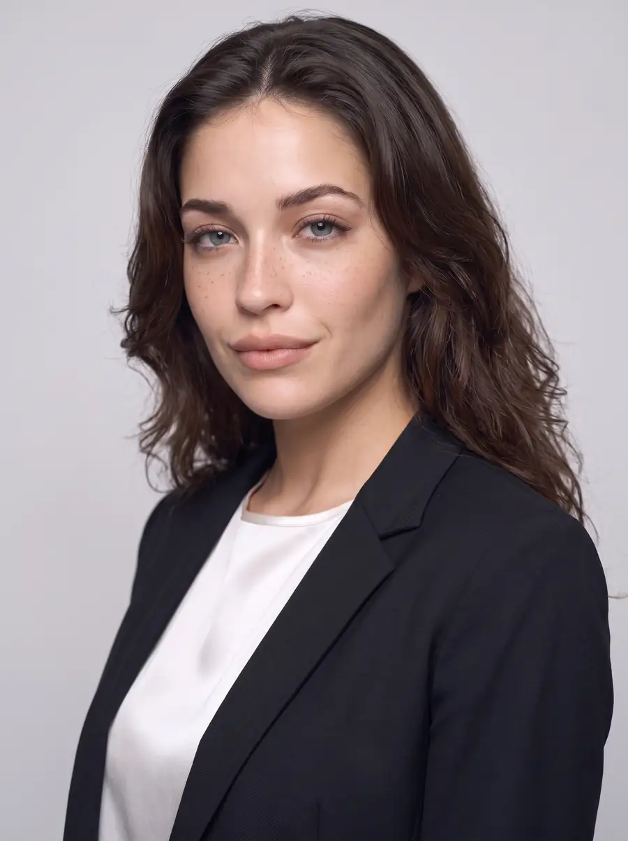 Abby de trois quarts en veston noir