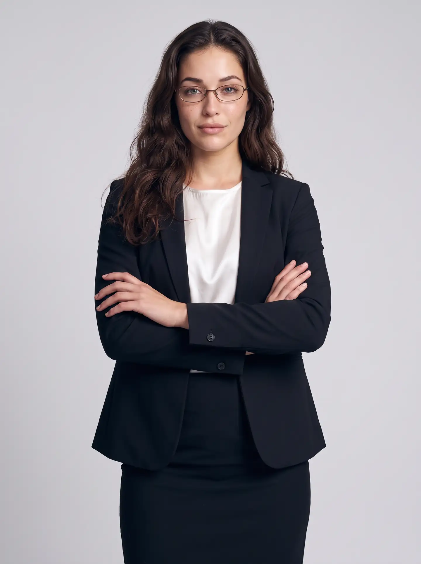 Abby bras croisés, veston noir et lunettes
