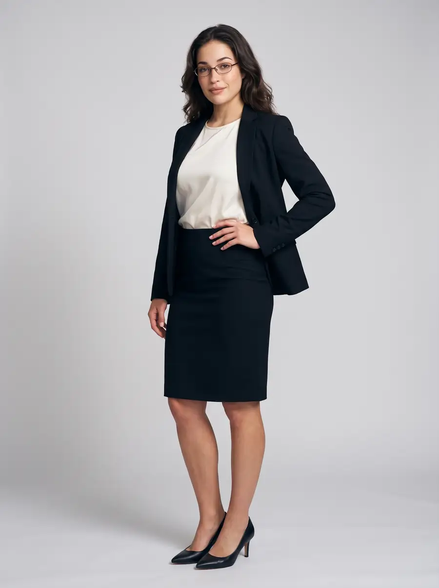 Abby en pied, main sur la hanche, veston noir