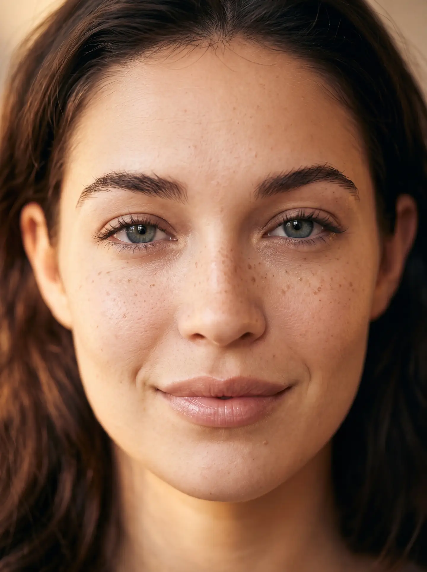 Gros plan d’Abby : yeux gris-bleu, taches de rousseur, peau naturelle