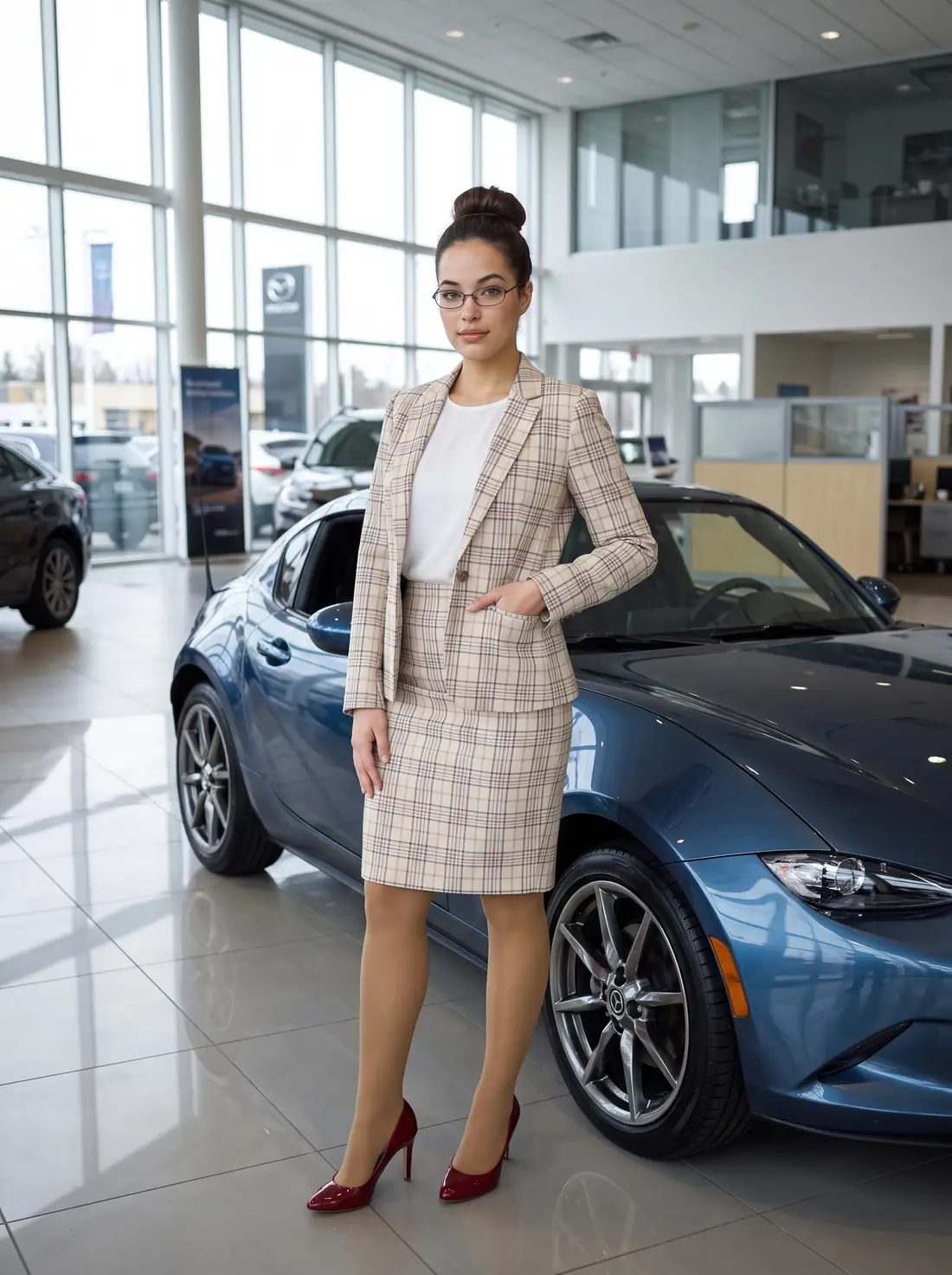 Abby en tailleur à carreaux, cheveux en chignon, près d’un roadster bleu