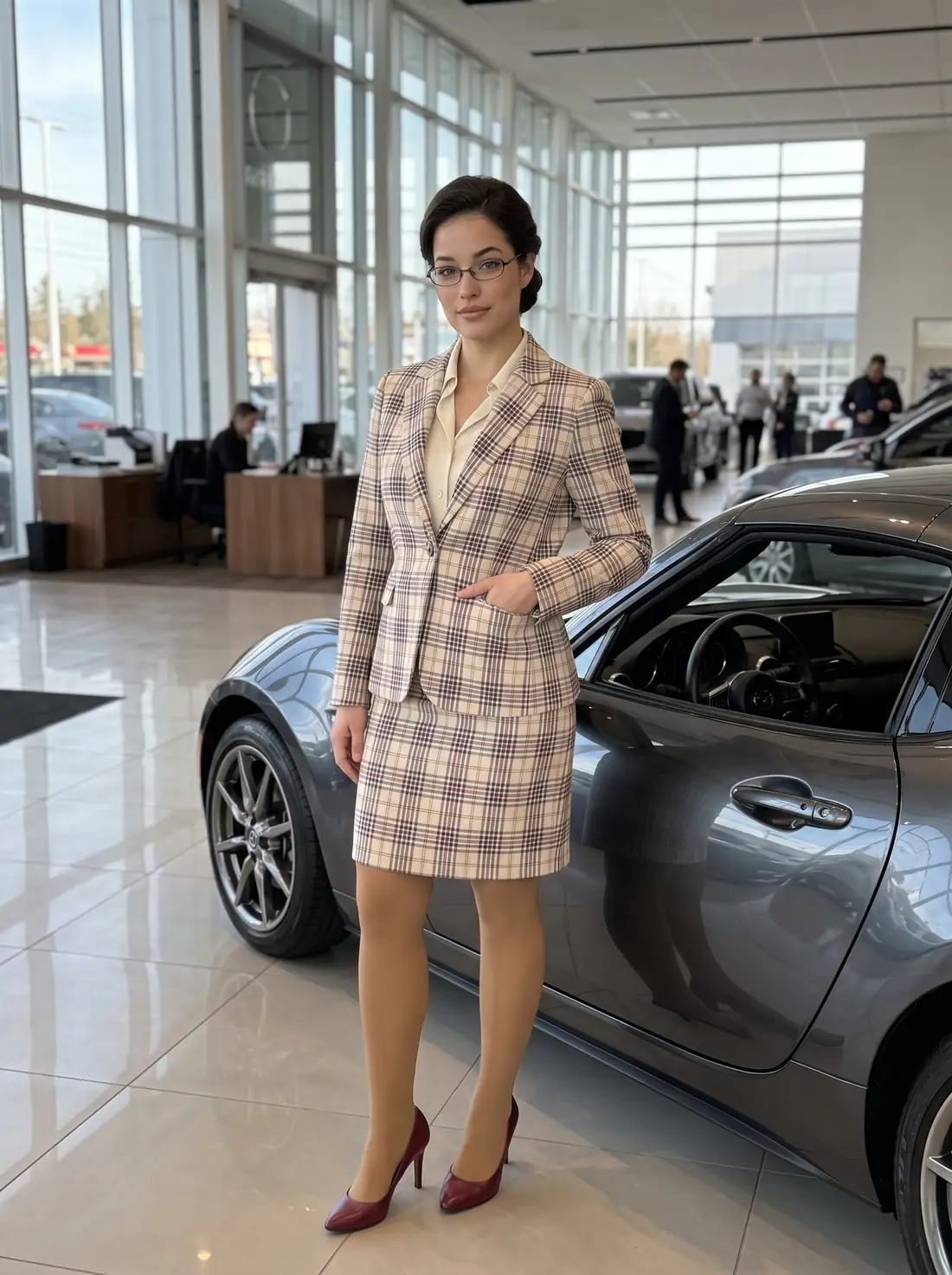 Abby en tailleur jupe à carreaux crème près d’un roadster gris