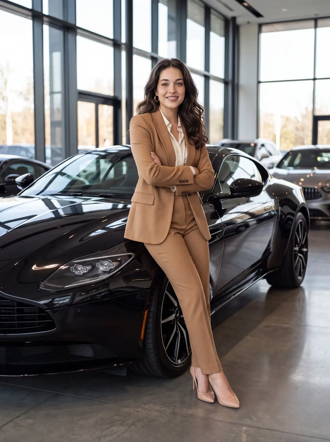 Abby en tailleur camel, bras croisés, appuyée sur un coupé noir