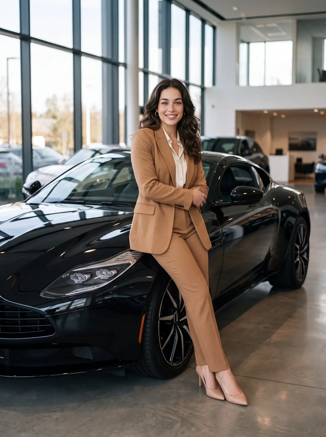 Abby appuyée sur l’aile d’un coupé noir en tailleur camel