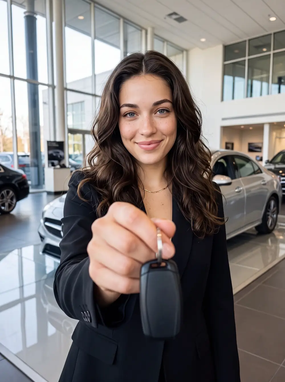 Abby en veston noir, une clé d’auto à la main