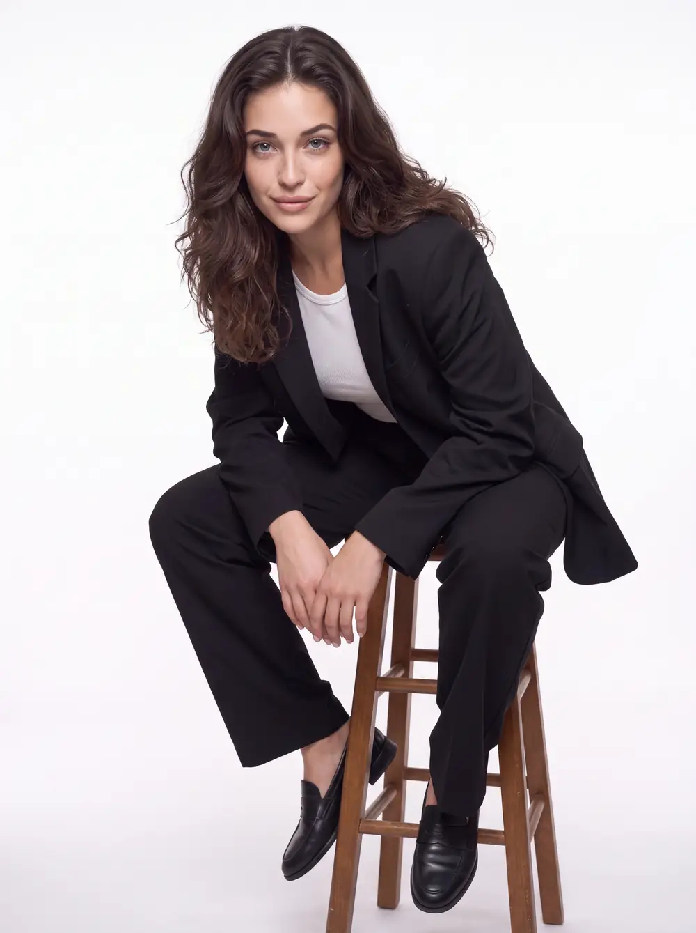 Abby penchée vers l’avant sur un tabouret, en tailleur noir