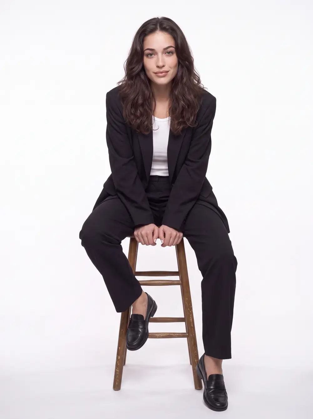 Abby assise sur un tabouret de bois en tailleur noir