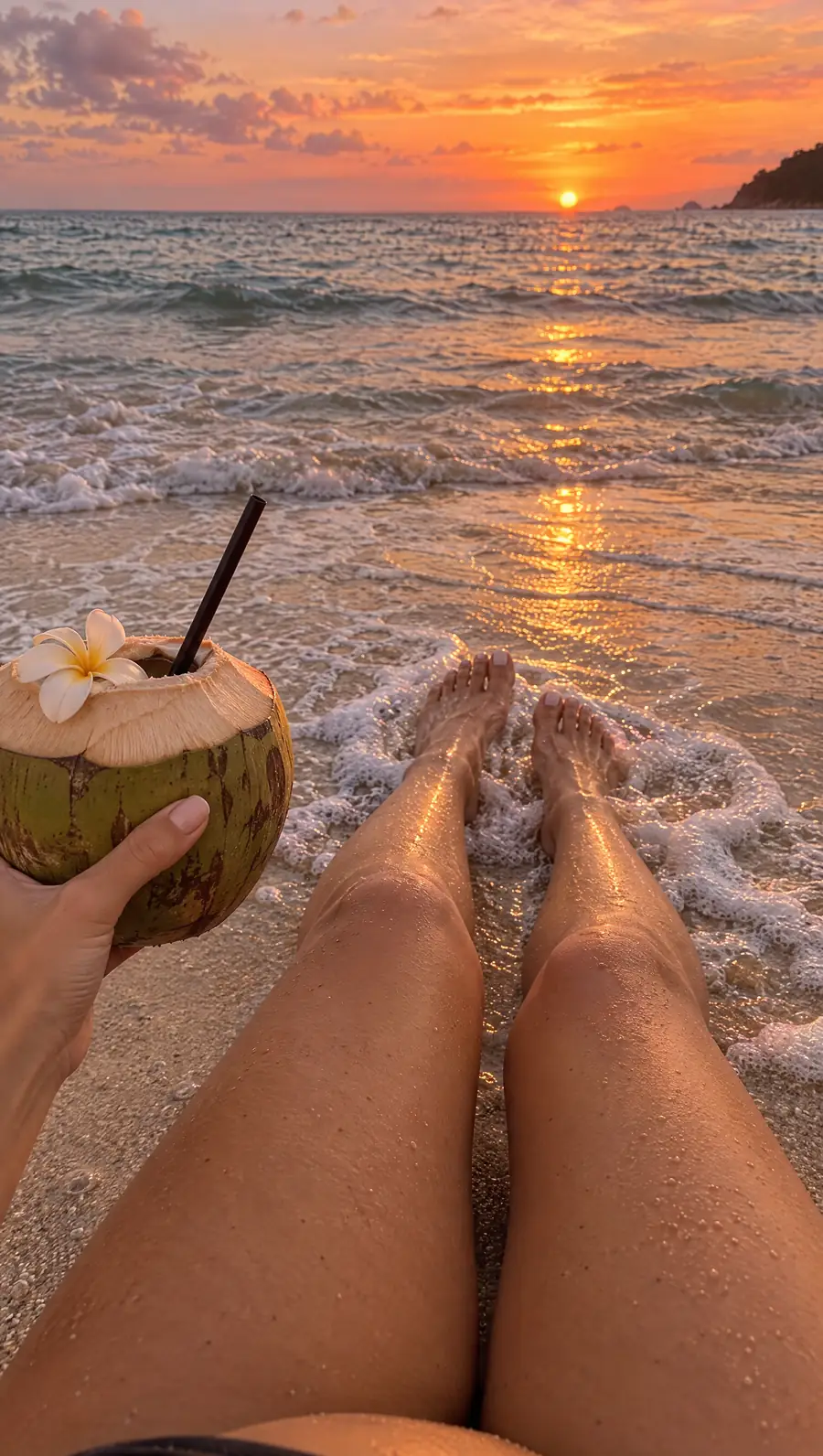 Noix de coco à la main au bord de l’eau, au coucher du soleil