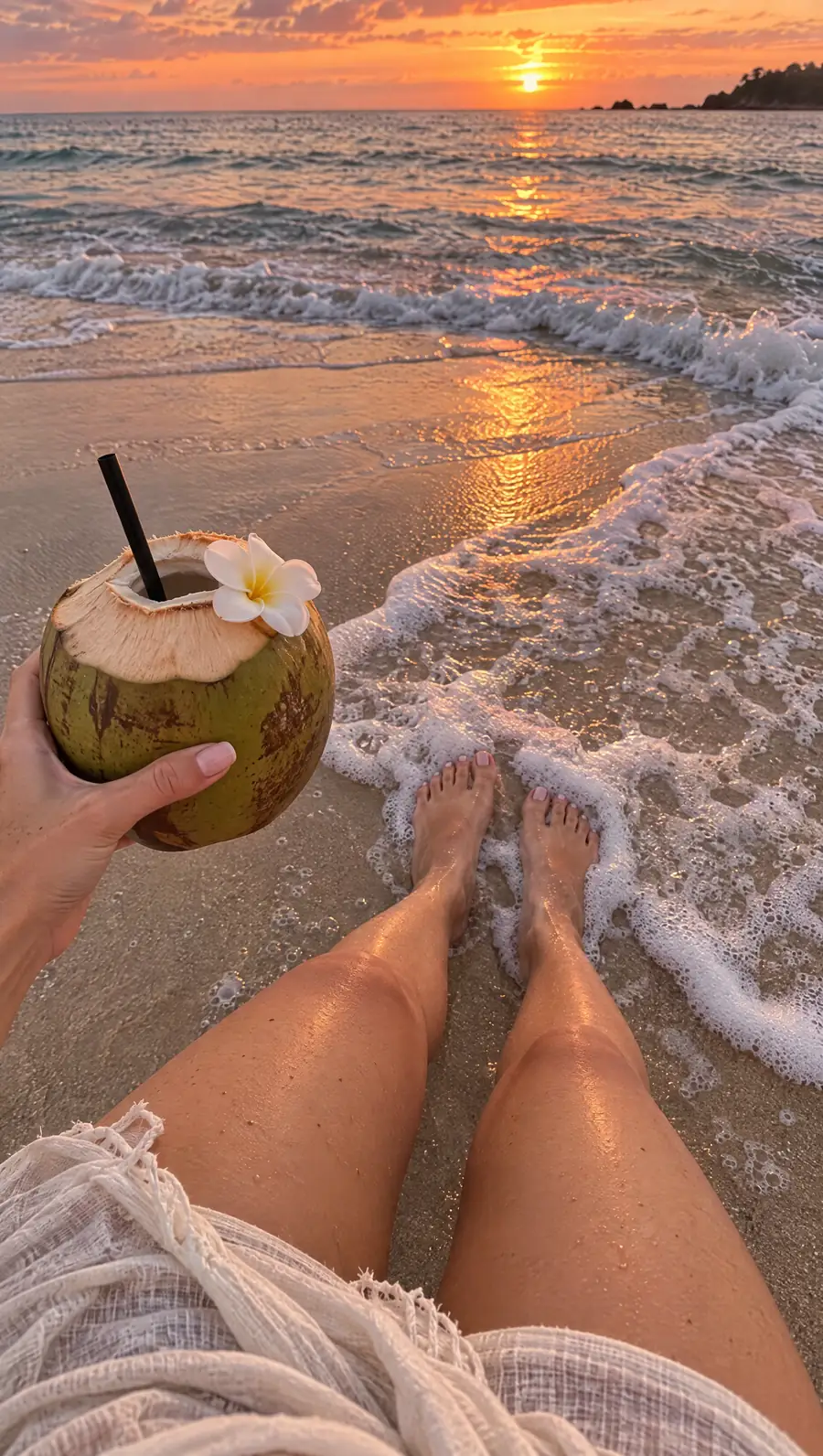 Pieds dans les vagues au coucher du soleil, noix de coco à la main