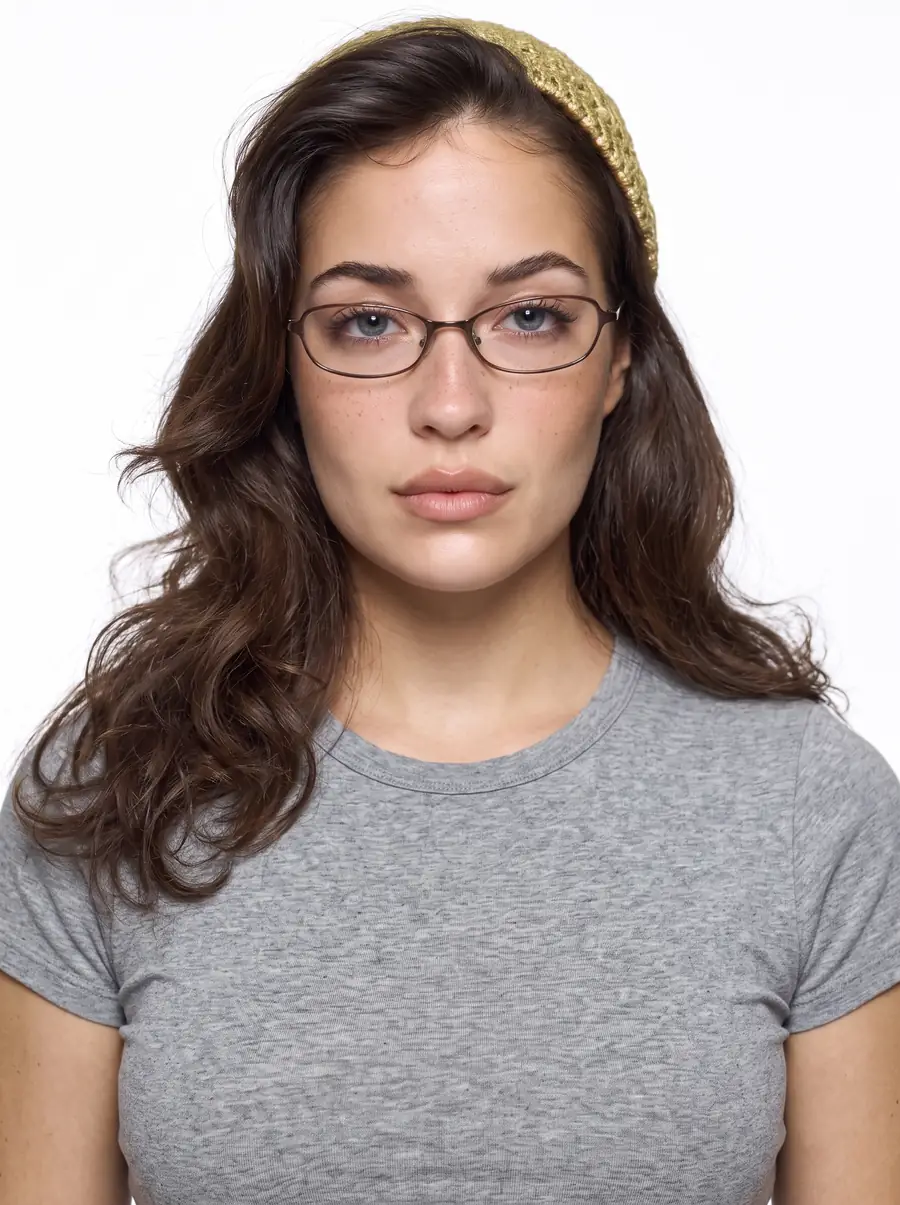 Abby en lunettes ovales, bandeau tricoté et t-shirt gris