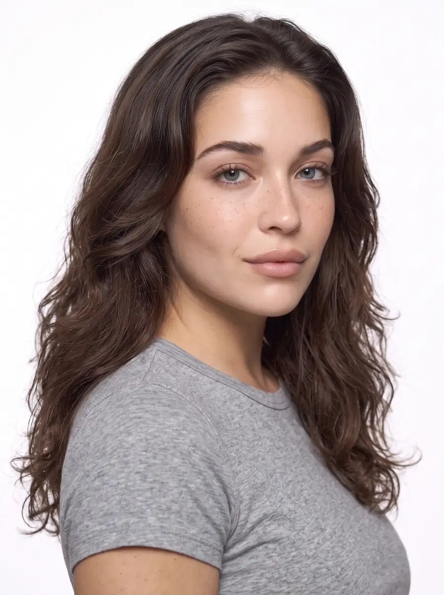 Abby de trois quarts en t-shirt gris