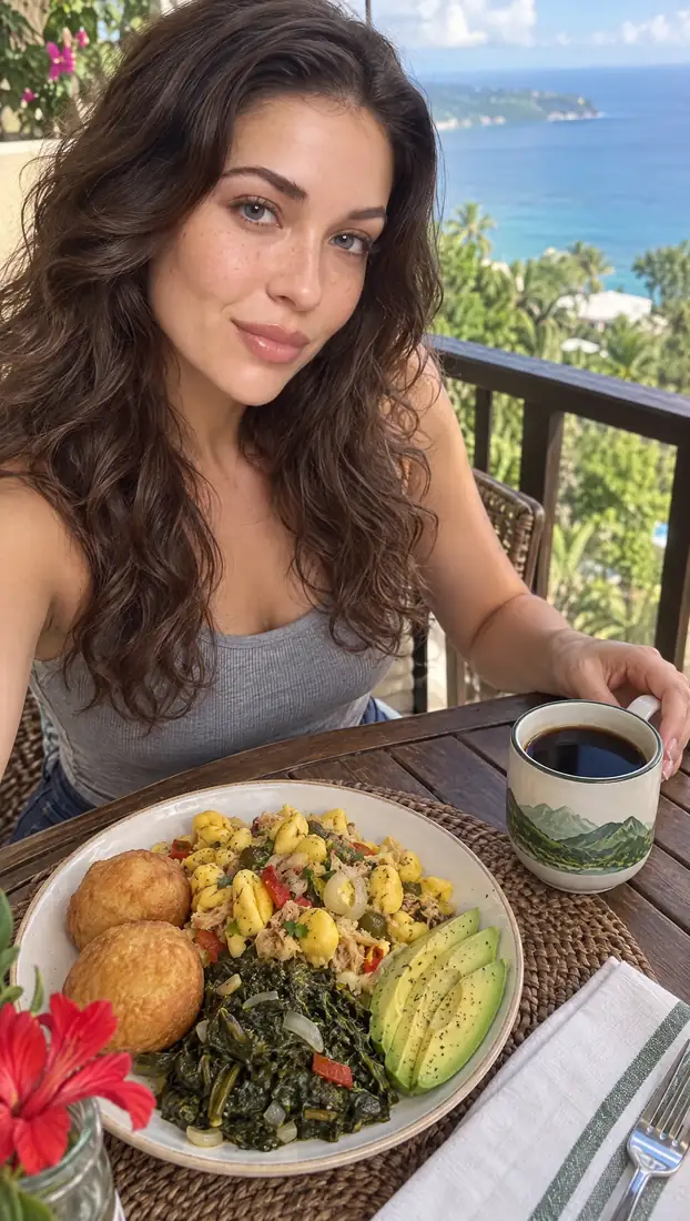 Abby à une table de balcon au-dessus de la mer, déjeuner servi