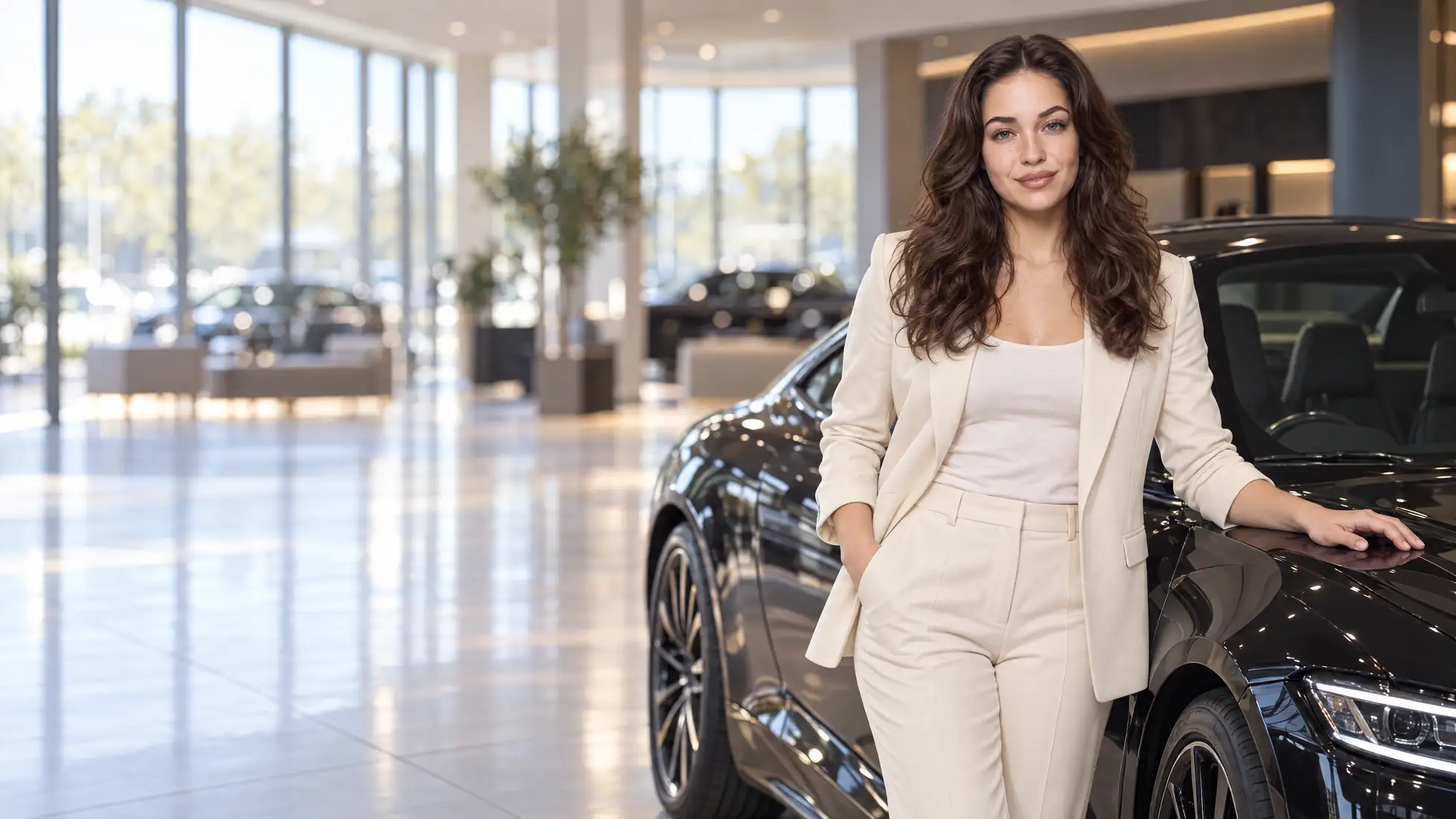 Abby en tailleur crème près d’un coupé noir, salle d’exposition en plan large