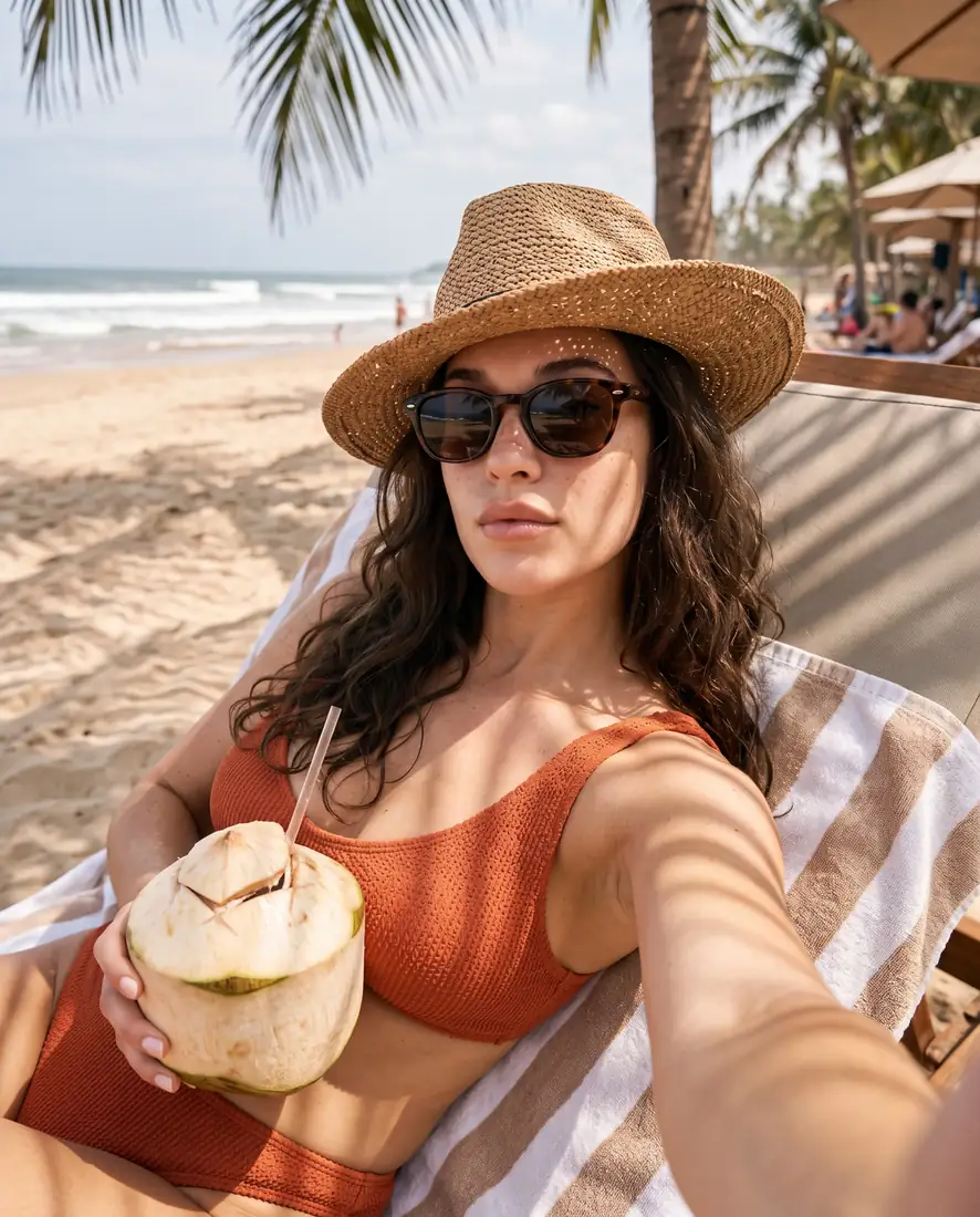 Égoportrait à la plage en chapeau de paille et lunettes de soleil, une noix de coco à la main