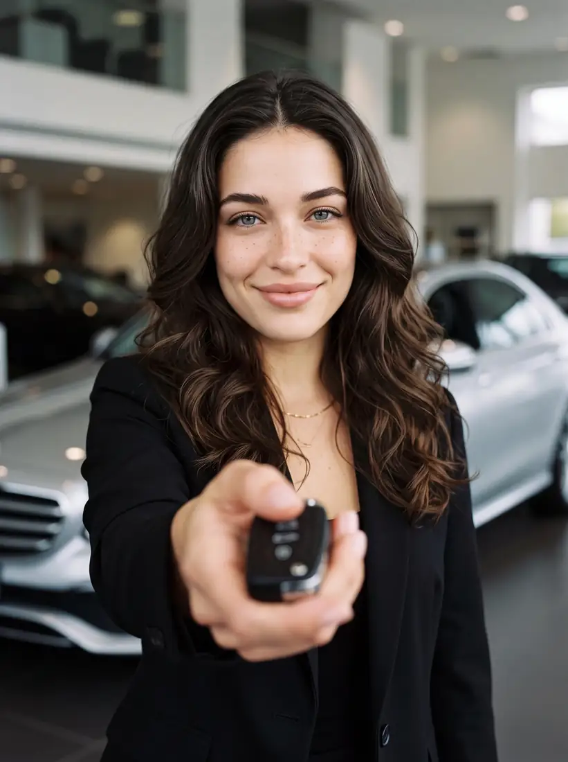 Abby tend une clé d’auto vers l’objectif