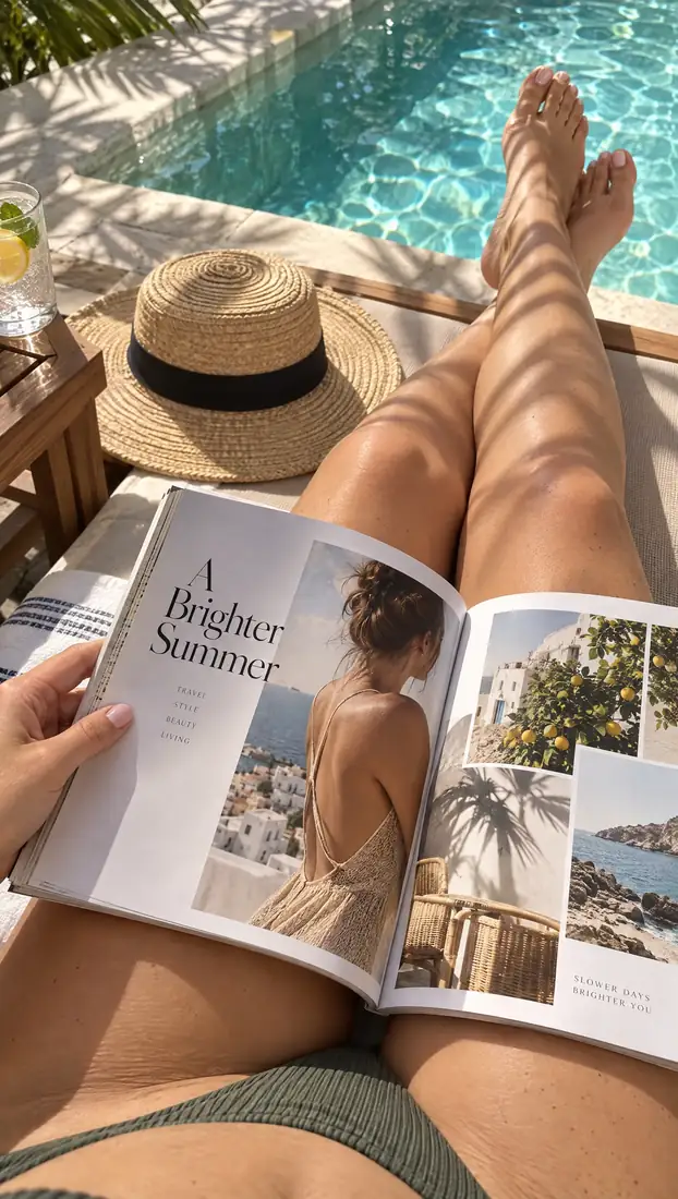 Abby lit un magazine sur une chaise longue au bord de la piscine