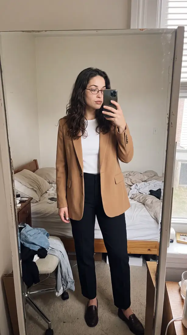Égoportrait au miroir en veston camel avant le travail