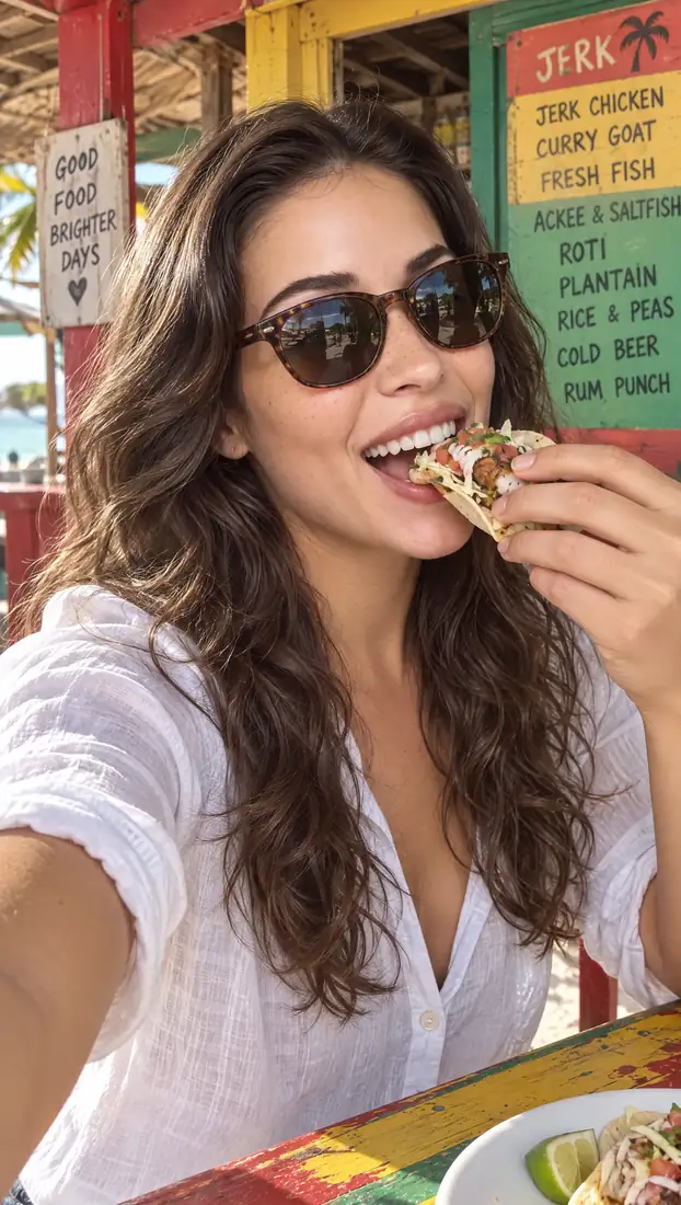 Abby croque dans un taco au poisson à une cabane de plage colorée