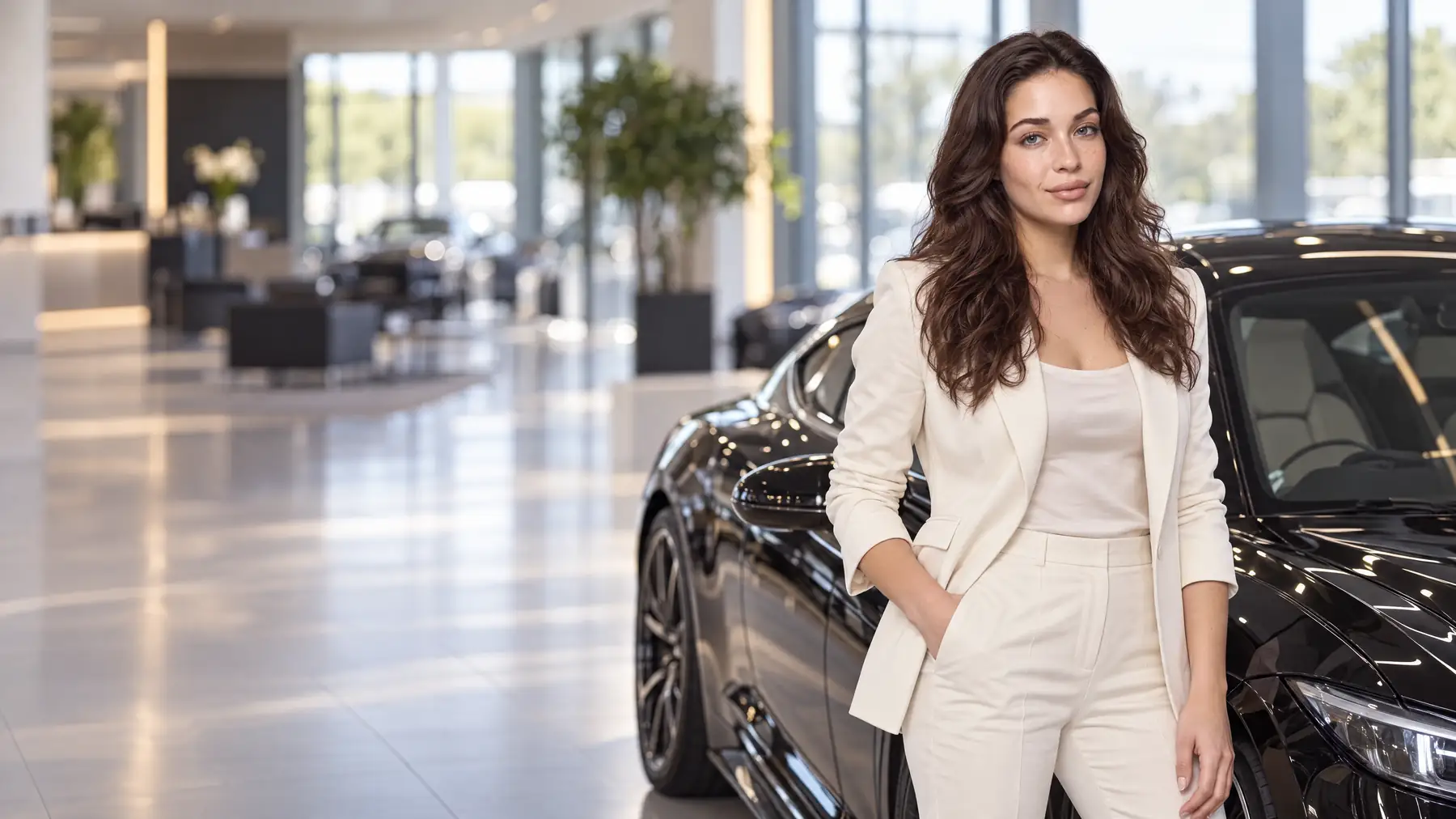 Abby en tailleur crème appuyée sur un coupé noir dans une salle d’exposition ensoleillée