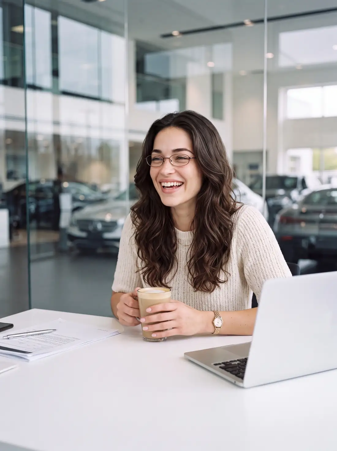 Abby qui rit à son bureau avec un latte
