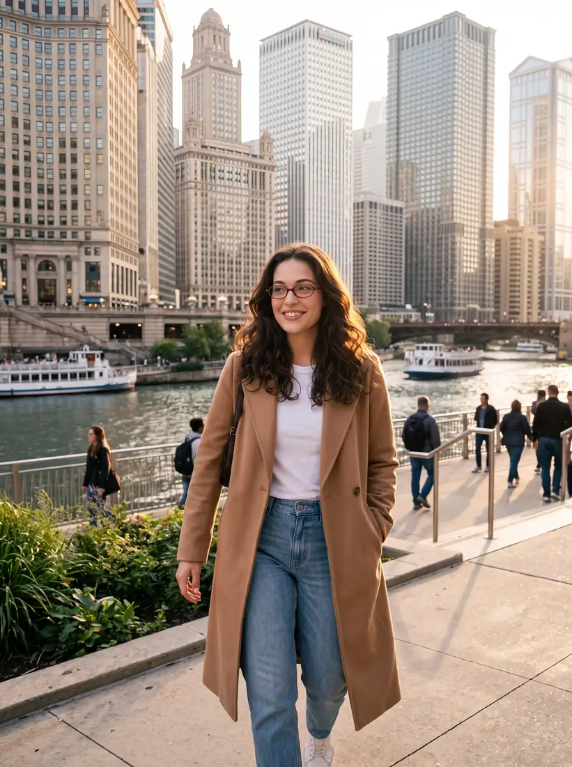 Abby sur le Riverwalk de Chicago en manteau camel