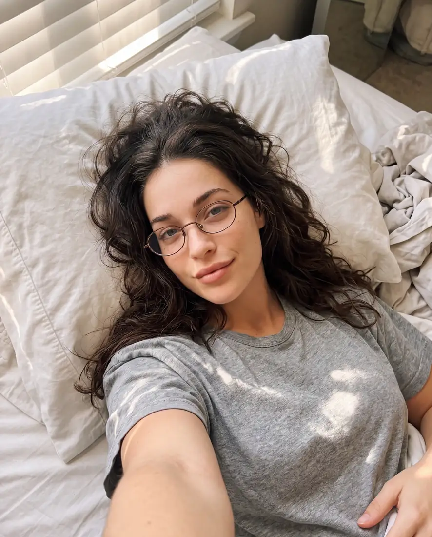 Égoportrait du matin au lit, lunettes ovales