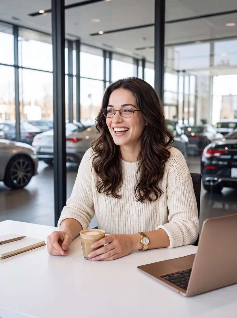 Abby qui rit à son bureau avec un latte
