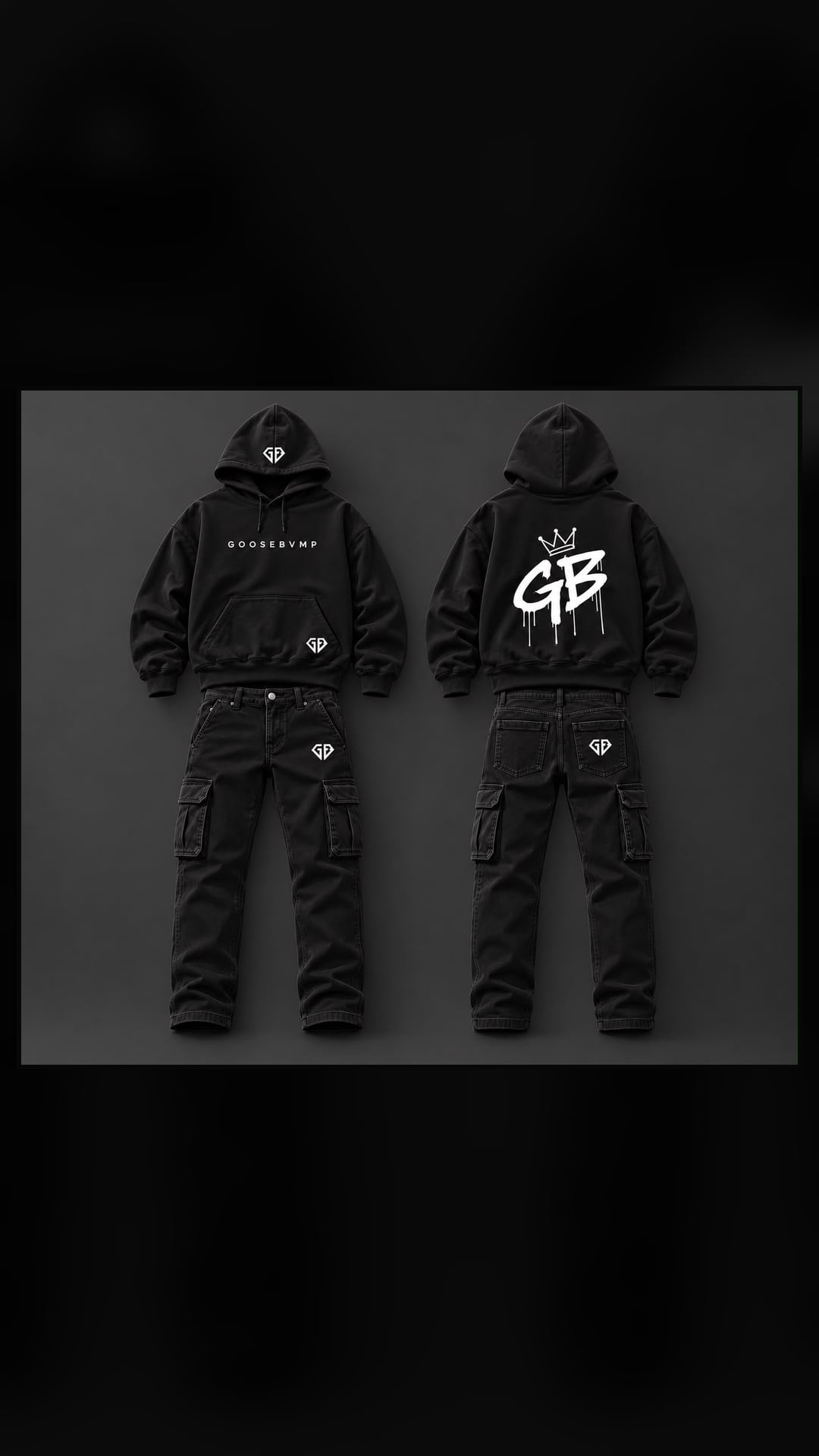 GOOSEBVMP black hoodie and cargo set — first sample
