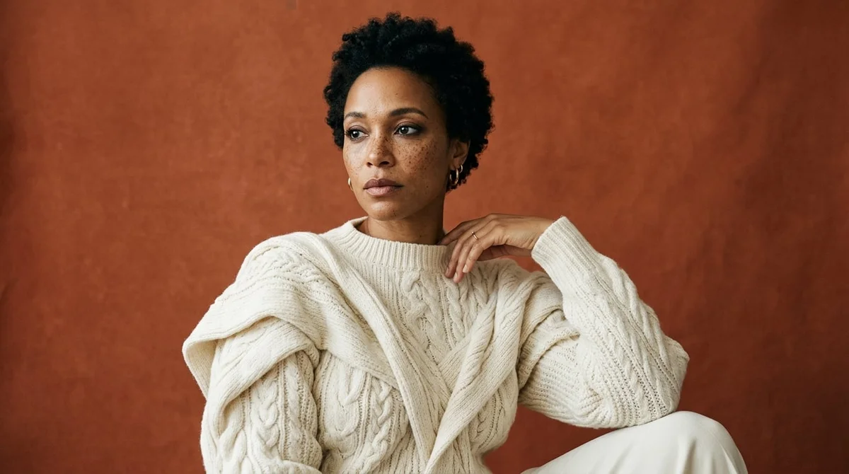 A woman with short dark curls wearing an ivory knit sweater against a terracotta backdrop