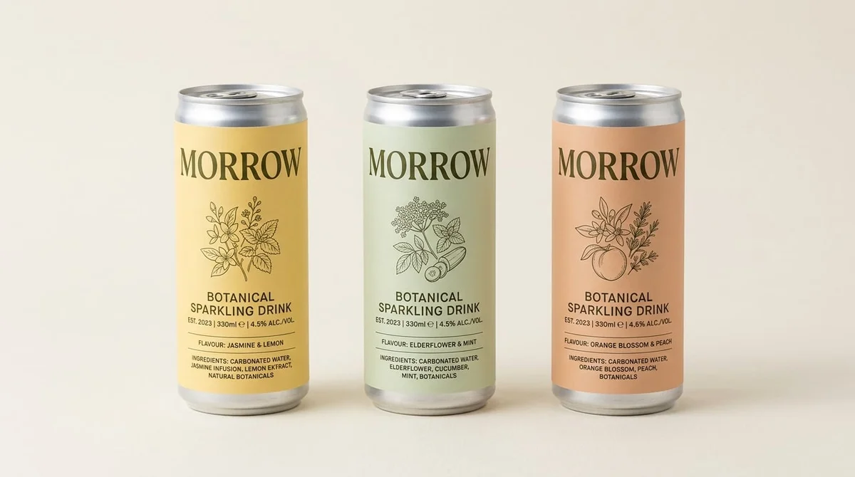 Three MORROW botanical drink cans in butter yellow, sage, and apricot