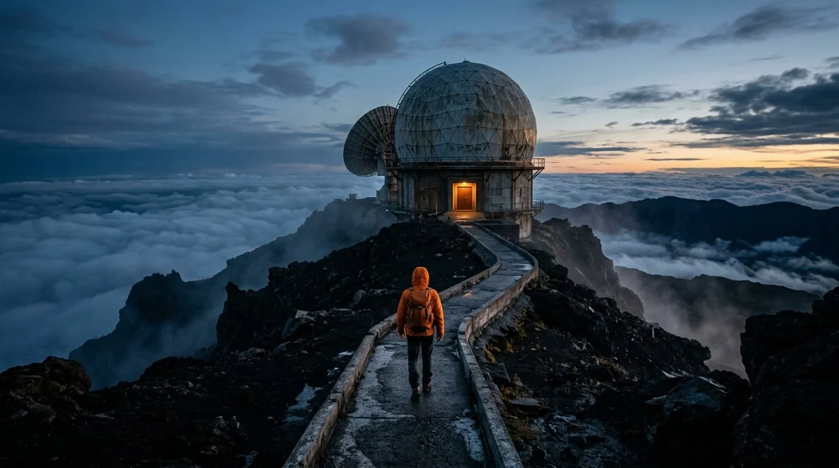 An orange-jacket explorer approaches a remote observatory above a sea of clouds