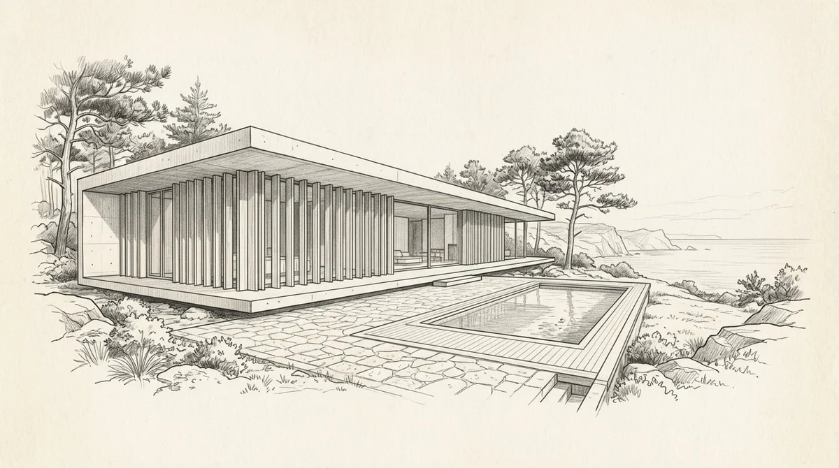 Pencil perspective of a coastal retreat with cedar fins, a flat roof, and a pool terrace