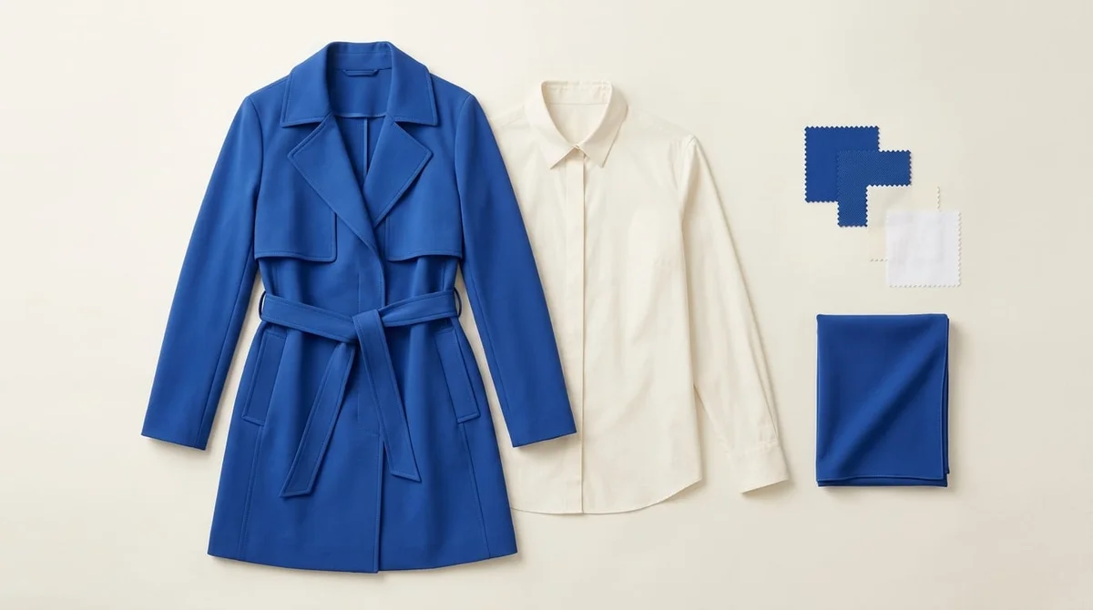 Cobalt trench coat, cream shirt, and coordinating fabric swatches arranged on ivory