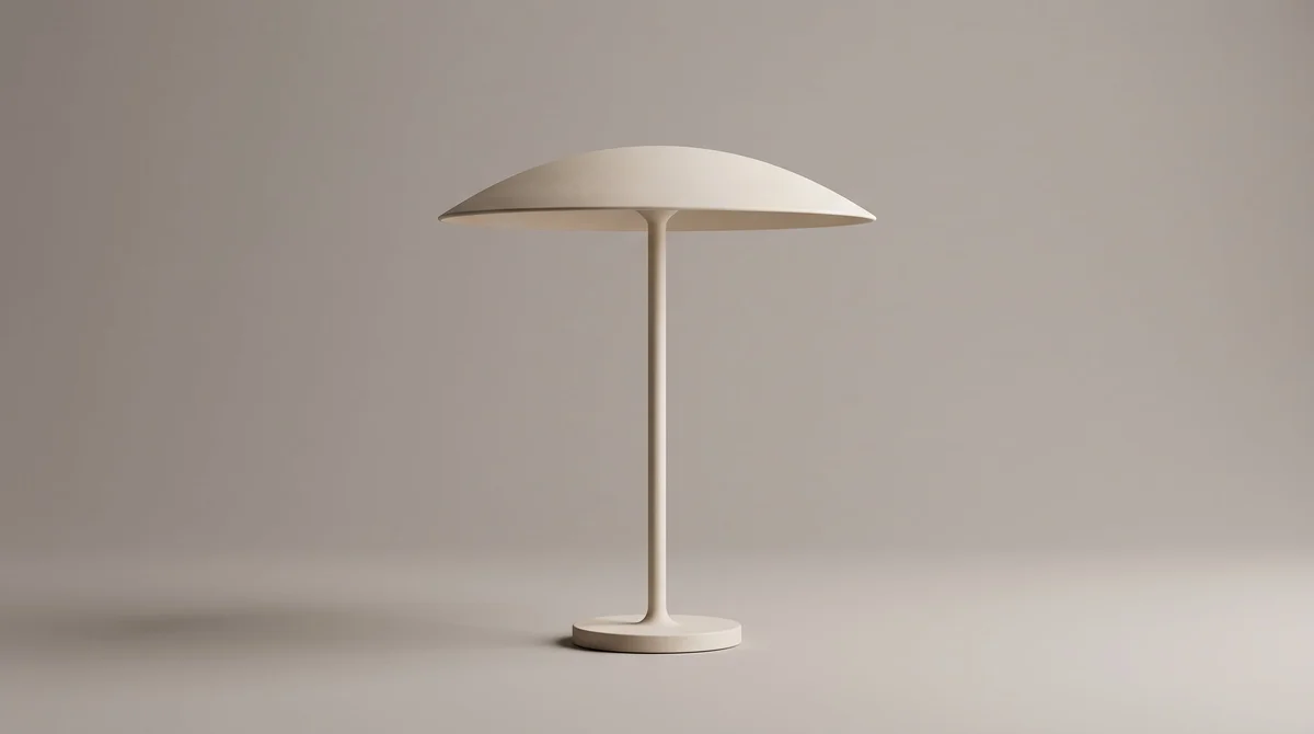 Matte ivory lamp with a slim stem, shallow saucer shade, and low circular base