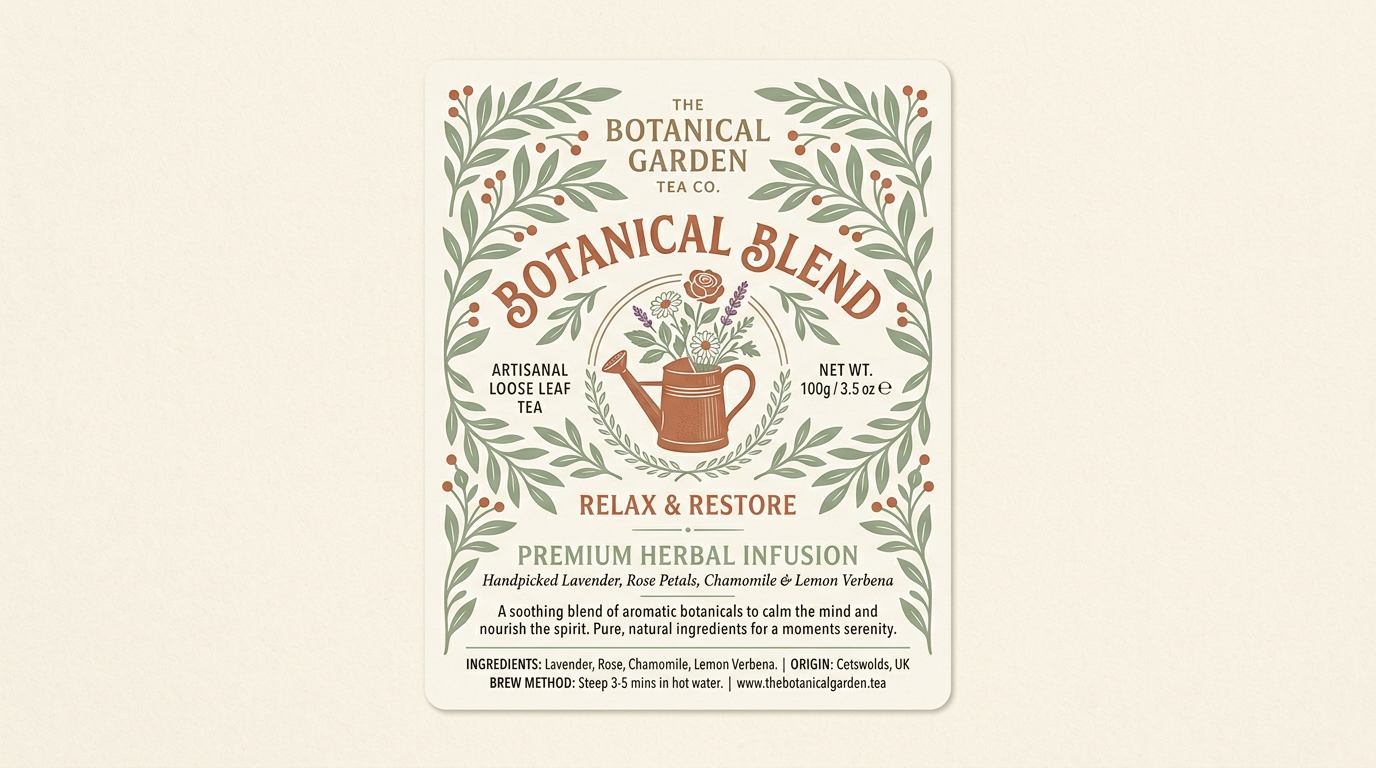 A botanical tea tin label laid out with flat vector leaves and type
