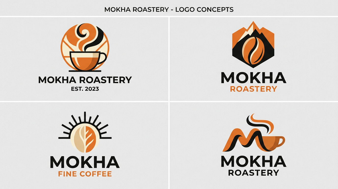 Four coffee brand logo concepts in orange, black and cream