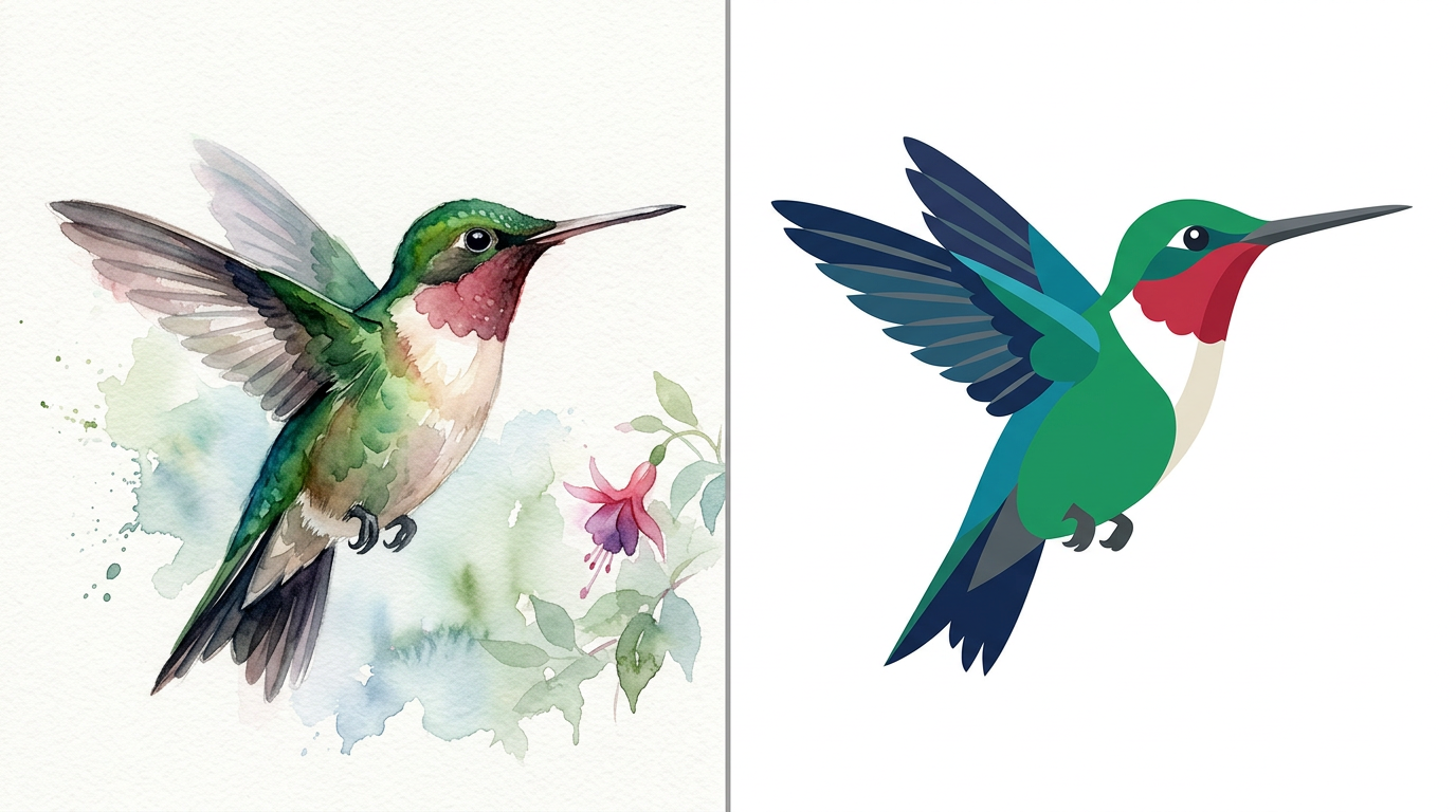 A watercolor hummingbird beside the same bird as flat vector artwork