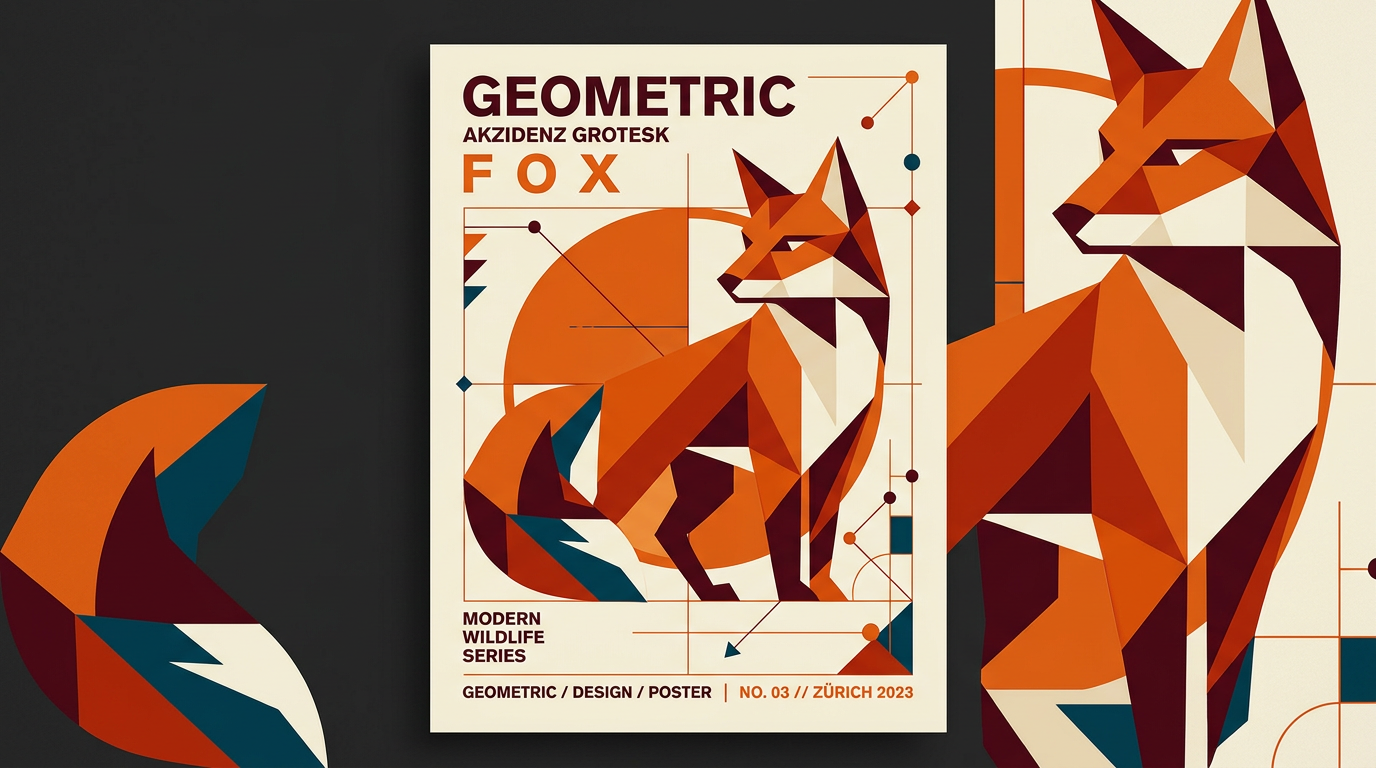 A geometric fox poster in orange, maroon and cream built from flat vector shapes