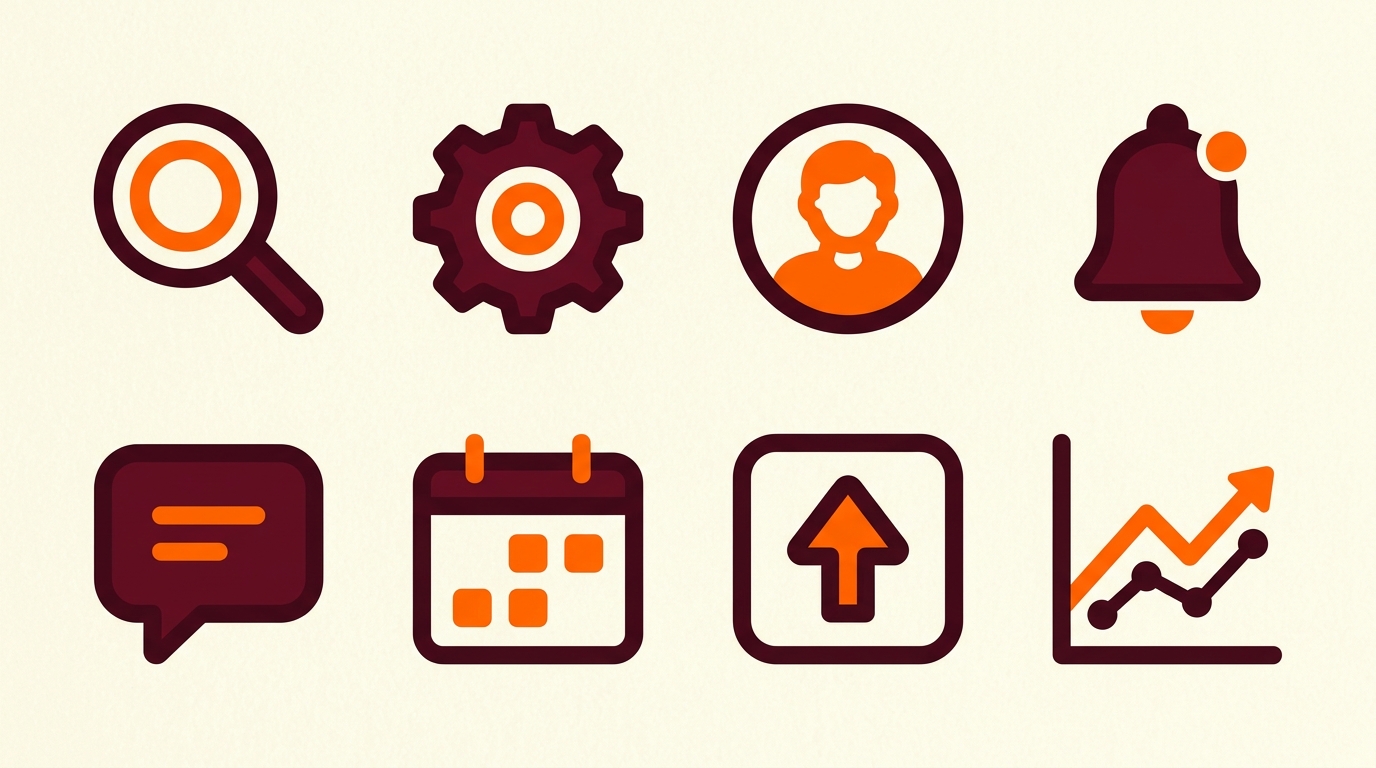 Eight matching flat icons in orange and maroon on a cream background